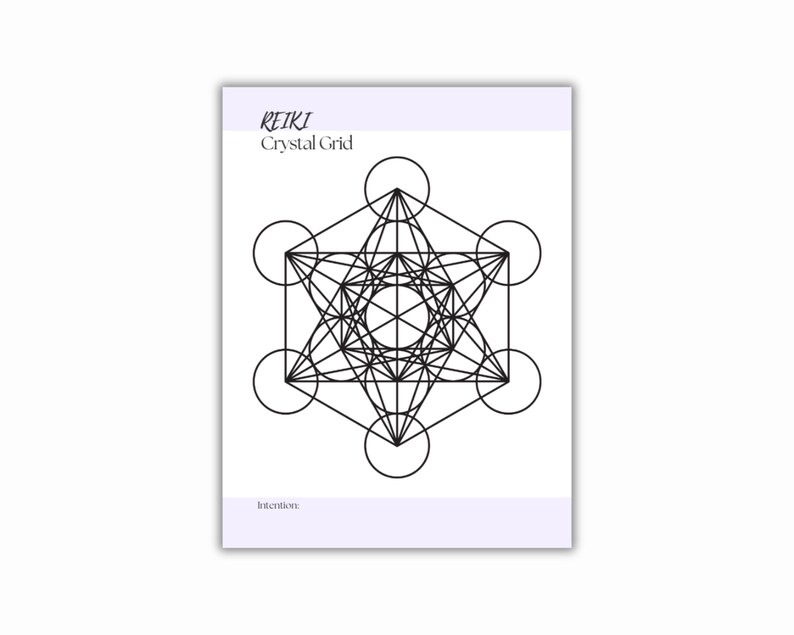 A printable PDF with the words REIKI Crystal Grid in black text. The print features a geometric design composed of interconnected circles and lines. The background is a light purple color.