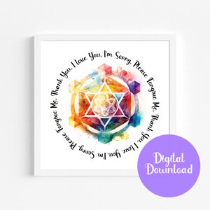 Ho&#39;oponopono Prayer Watercolor Merkabah Rainbow Chakras Printable Art Hooponopono Digital Art Ho&#39;oponopono Home Decor Meditation Art Gift