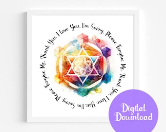 Ho&#39;oponopono Prayer Art: Rainbow Watercolor Merkabah Chakra Print (Digital Download)