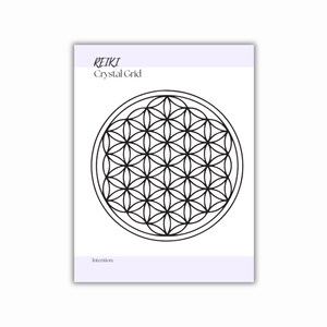 A printable PDF with the words REIKI Crystal Grid in black text. The card features a black and white geometric flower of life design. The card has a light purple border at the top and bottom.
