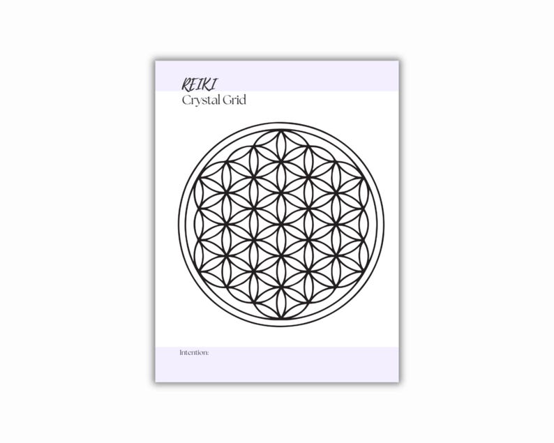 A printable PDF with the words REIKI Crystal Grid in black text. The card features a black and white geometric flower of life design. The card has a light purple border at the top and bottom.