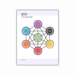 A Reiki Crystal Grid print featuring a geometric design with seven colored circles connected by lines. Each circle has a unique symbol and color, including purple, blue, green, yellow, orange, red, and black. The text REIKI Crystal Grid is at the top.