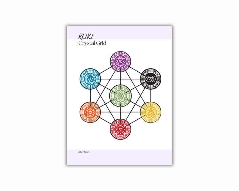 A Reiki Crystal Grid print featuring a geometric design with seven colored circles connected by lines. Each circle has a unique symbol and color, including purple, blue, green, yellow, orange, red, and black. The text REIKI Crystal Grid is at the top.