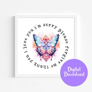 Ho&#39;oponopono Prayer Art Print Watercolor Crystal Butterfly Printable Art Hooponopono Digital Art Ho&#39;oponopono Meditation Gift