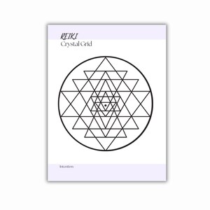 Printable PDF with a black geometric crystal grid design. The card has the word REIKI and Crystal Grid in a purple header. The word intention is at the bottom of the card.