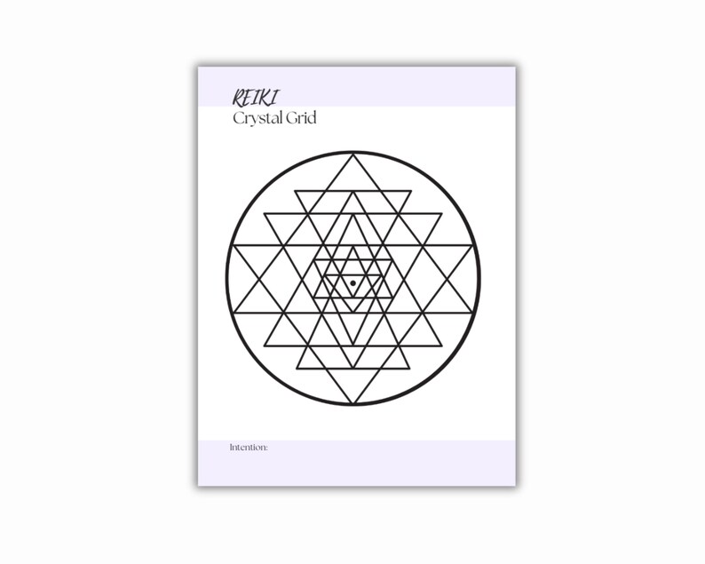 Printable PDF with a black geometric crystal grid design. The card has the word REIKI and Crystal Grid in a purple header. The word intention is at the bottom of the card.