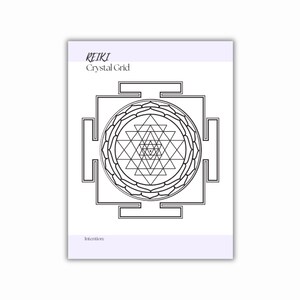 PDF print with a black geometric design, featuring a central mandala pattern and the words REIKI Crystal Grid for distance treatment. The design includes triangles and squares, with a light purple header and footer.