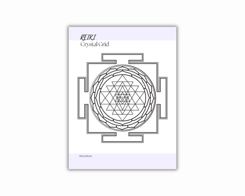 PDF print with a black geometric design, featuring a central mandala pattern and the words REIKI Crystal Grid for distance treatment. The design includes triangles and squares, with a light purple header and footer.