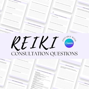 Peut inclure: Plusieurs feuilles de papier blanc avec des pages lignées, avec des titres et des invites pour une consultation de Reiki. Le texte "Reiki Consultation Questions" est affiché en noir, avec un logo "Canva". Les pages ont une bordure violet clair.