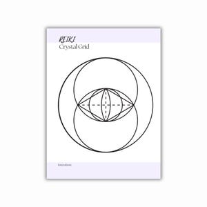 Printable REIKI Crystal Grid print in a purple header. The card features a black geometric design of intersecting circles and lines, creating a symmetrical pattern. The word intention is at the bottom.