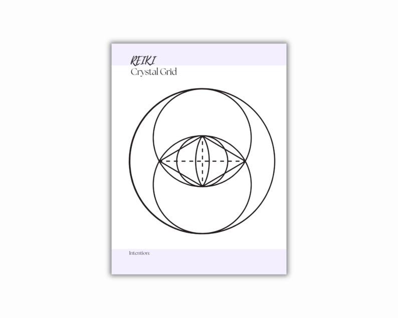 Printable REIKI Crystal Grid print in a purple header. The card features a black geometric design of intersecting circles and lines, creating a symmetrical pattern. The word intention is at the bottom.
