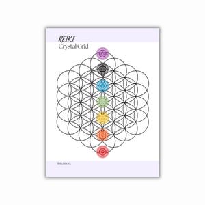 A Reiki Crystal Grid print featuring a geometric pattern of intersecting circles. The design incorporates seven colored circles representing chakras, with the text REIKI Crystal Grid at the top and Intention at the bottom.