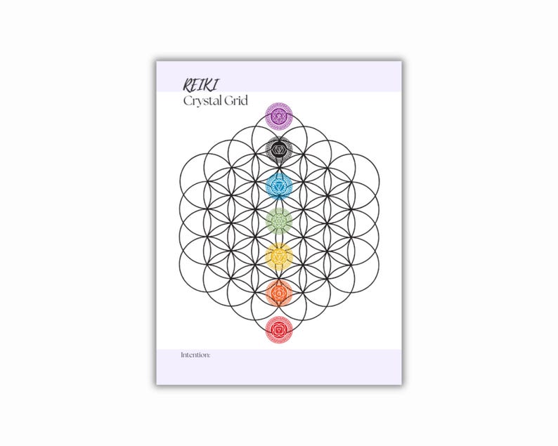 A Reiki Crystal Grid print featuring a geometric pattern of intersecting circles. The design incorporates seven colored circles representing chakras, with the text REIKI Crystal Grid at the top and Intention at the bottom.