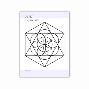 Printable PDF with a geometric black line drawing. The print has the words REIKI Crystal Grid at the top and the word intention at the bottom. The geometric design is a series of intersecting circles and lines.