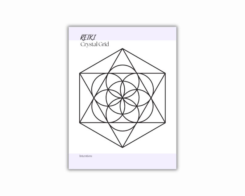 Printable PDF with a geometric black line drawing. The print has the words REIKI Crystal Grid at the top and the word intention at the bottom. The geometric design is a series of intersecting circles and lines.