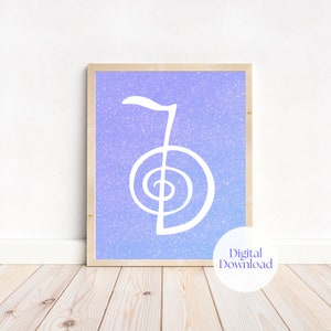 Op de afbeelding: Een digitale downloadprint van een wit Solfeggio-frequentiesymbool op een blauwe en paarse glitterachtergrond.