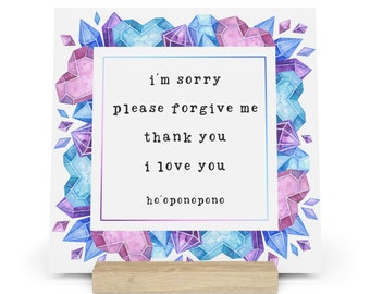 Ho'oponopono Prayer Gallery Board with Stand Watercolor Art Print Heart Crystals Border Hooponopono Home Decor Ho'oponopono Meditation Gift