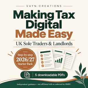 May include: A digital guide titled Making Tax Digital Made Easy for UK Sole Traders & Landlords by Vayn Creations. It includes a 2026/27 step-by-step starter pack, three document icons with checklists and charts, and 5 downloadable PDFs.
