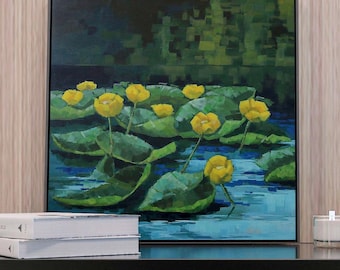 Original Acrylic Water Lilies Painting: Yellow Lily Pads Canvas Art