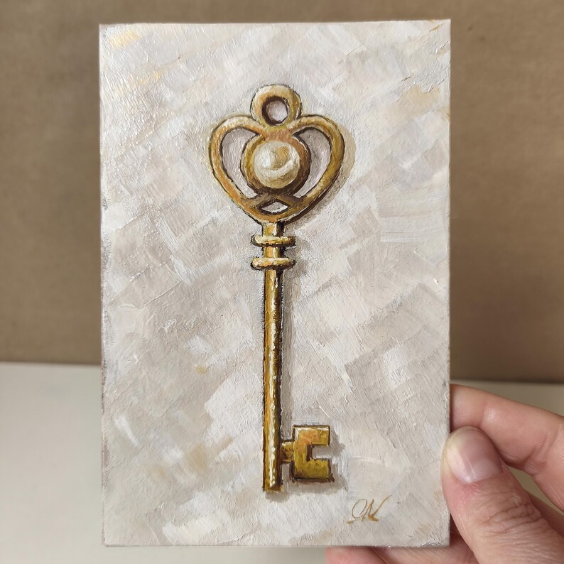 Oljemålning med gyllene nyckel och pärlor, original 6x4 inramad symbolisk väggkonst bild 5