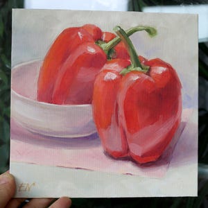 Art original petite peinture à l'huile nature morte avec légumes Carton à l'huile petite peinture à l'huile poivrons photo légumes mur cuisine déco