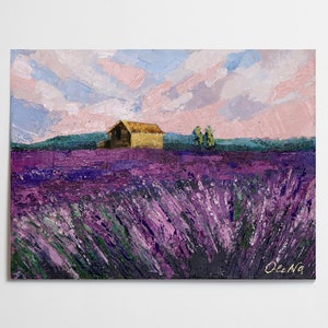 Pequeña pintura al óleo arte original paisaje óleo sobre cartón pintura pared decoración campo pintura lavanda pequeña pintura pintura de flores