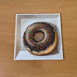 Pintura al óleo original de un pequeño dulce, donut de chocolate artístico en una caja, pintura de un pequeño donut de chocolate, decoración de cocina, pintura de dulces