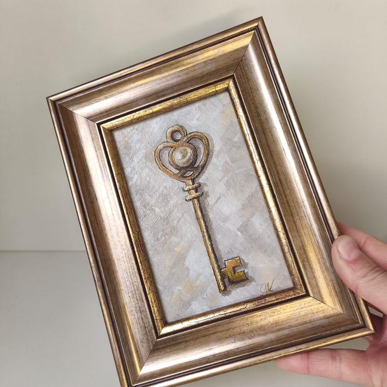Oljemålning med gyllene nyckel och pärlor, original 6x4 inramad symbolisk väggkonst bild 2