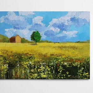 Pequeña pintura al óleo Arte original Paisaje Óleo sobre cartón Pequeña pintura al óleo colza Campo Decoración de la pared Pintura de flores Pintura en miniatura