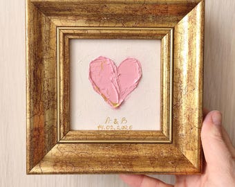 Peinture à l'huile coeur rose rehaussée d'or Mini oeuvre d'art murale texturée Cadeau romantique