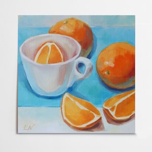 Arte original Pequeña pintura al óleo Pequeño cuadro con naranjas Decoración de pared de cocina Bodegón con naranjas Óleo sobre cartón