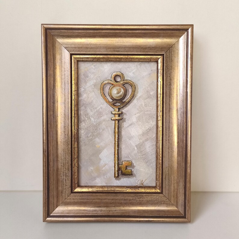 Oljemålning med gyllene nyckel och pärlor, original 6x4 inramad symbolisk väggkonst art+wooden frame