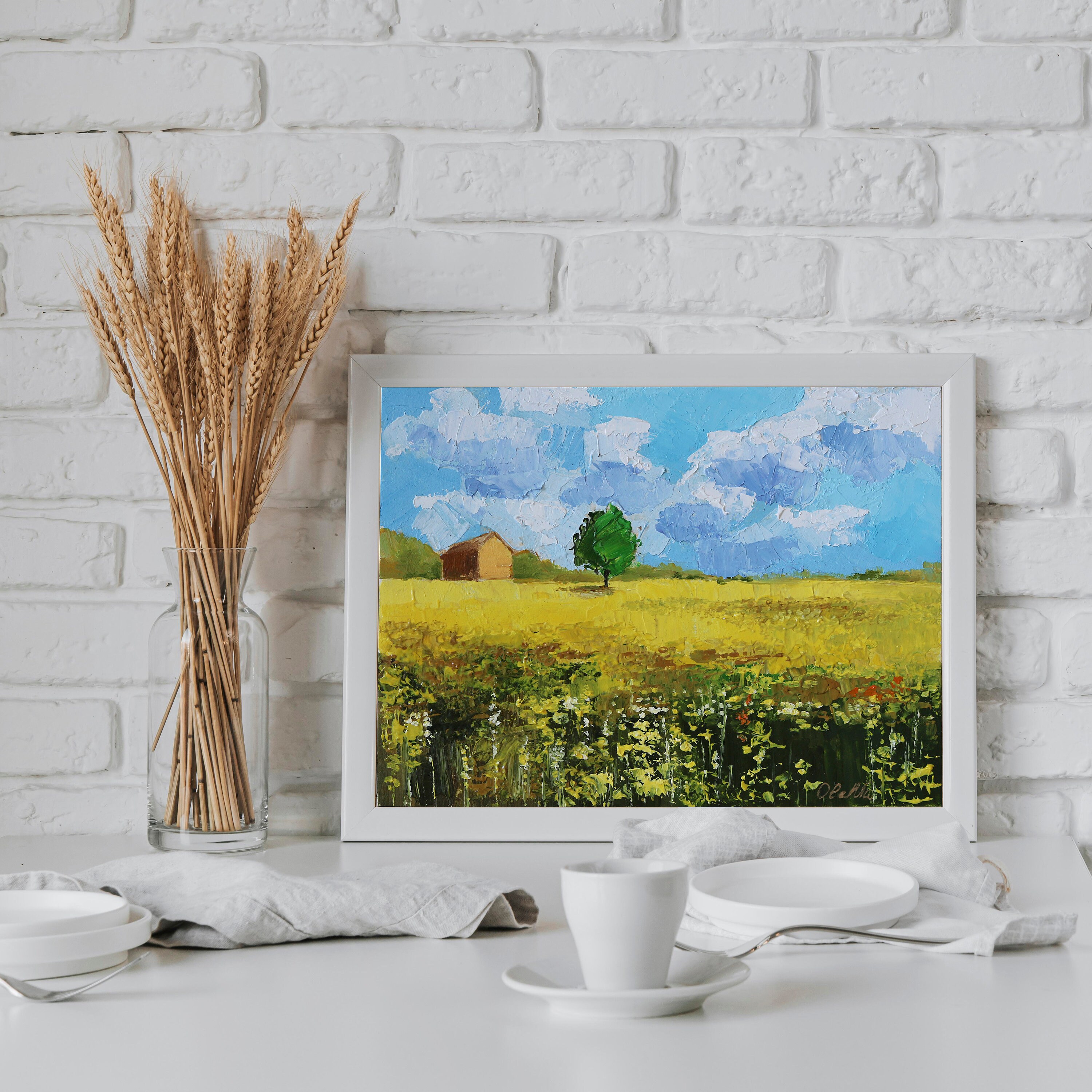 黄色い菜の花畑の油絵：素朴な農家の風景画 - Etsy 日本