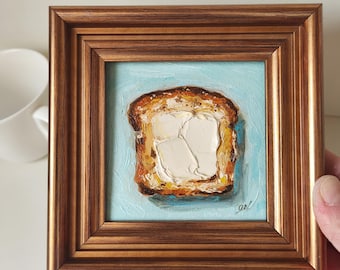 Butter Toast Oil Painting Blue Background Framed Small Kitchen Wall Art Breakfast Decor 4x4