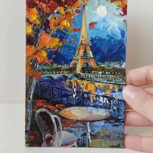 Arte original, pequeña pintura al óleo sobre cartón, Torre Eiffel, París de noche, otoño en París, pintura, paisaje urbano, ciudad nocturna, arte de pared, estante, decoración