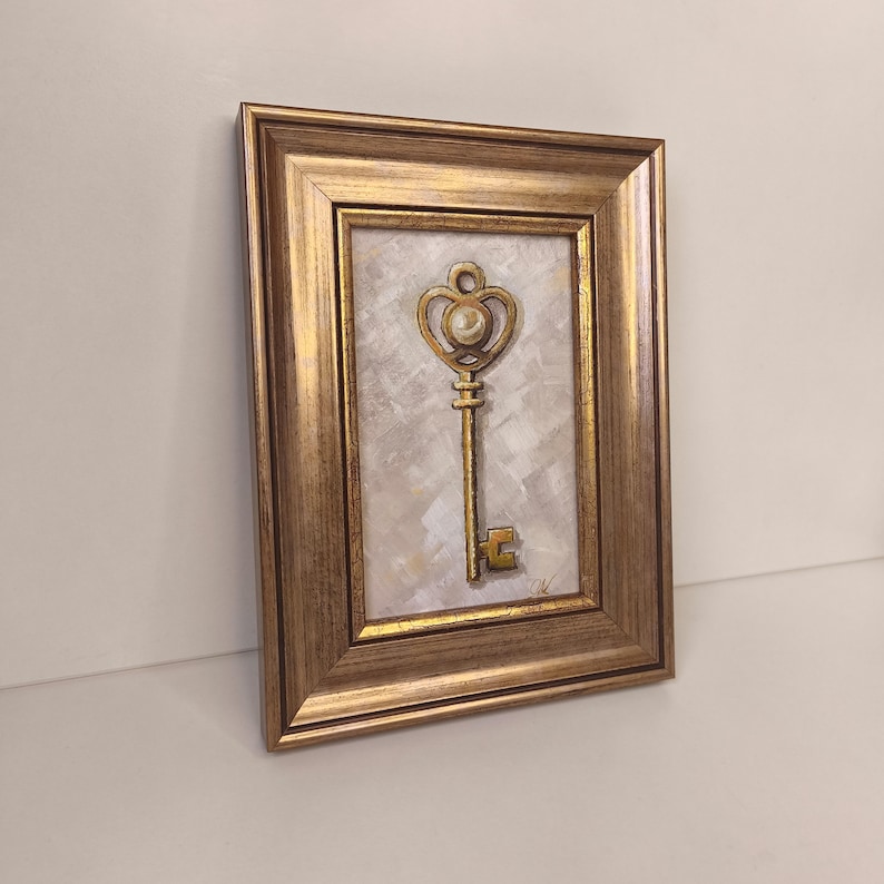 Oljemålning med gyllene nyckel och pärlor, original 6x4 inramad symbolisk väggkonst bild 3
