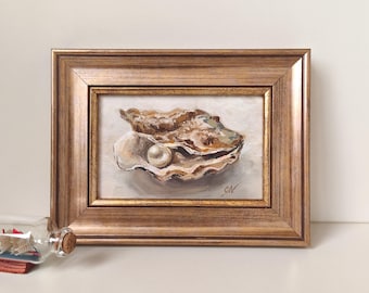 Vintage Oyster Shell Oil Painting | Framed Coastal Wall Art