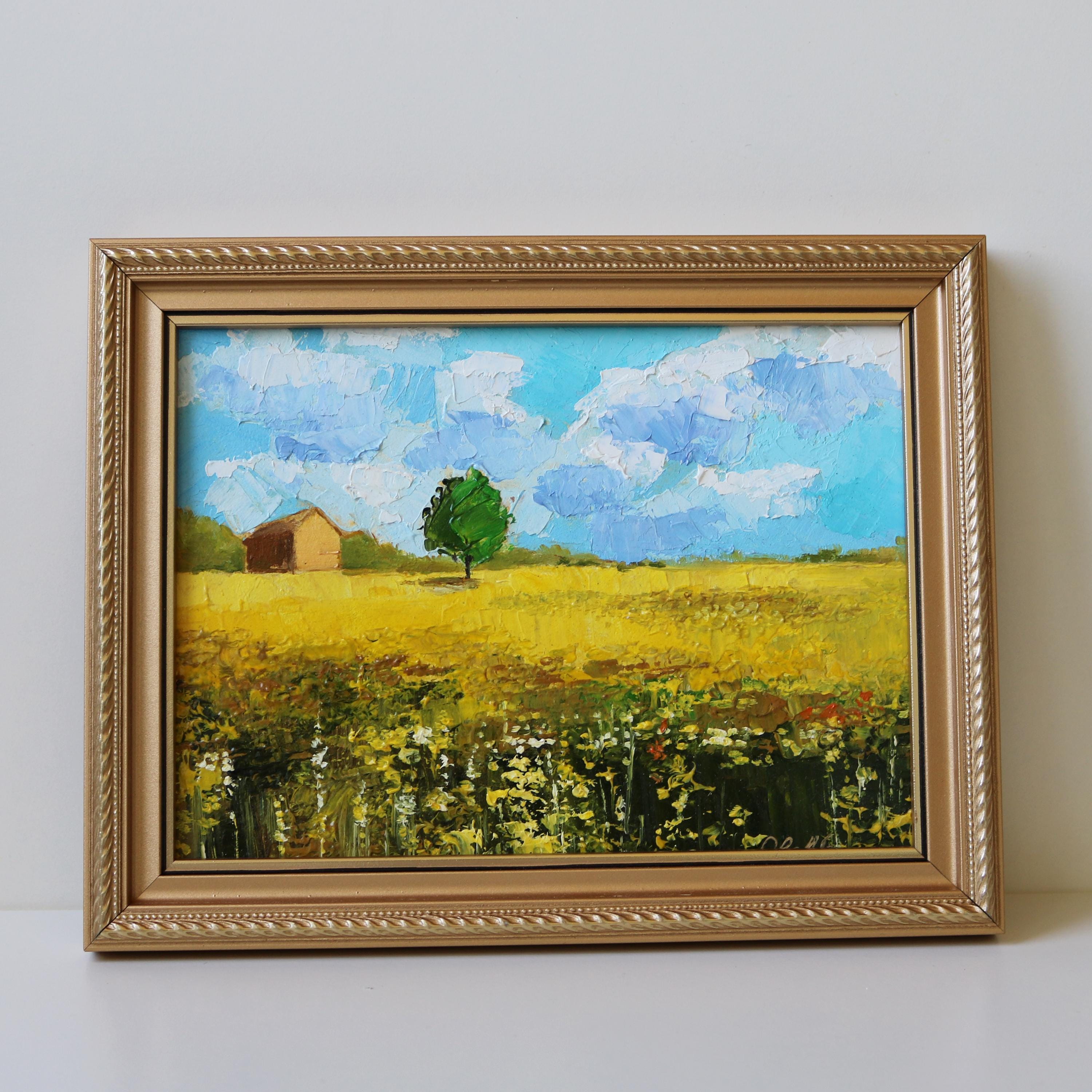 黄色い菜の花畑の油絵：素朴な農家の風景画 - Etsy 日本