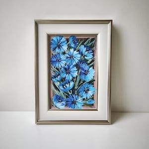 Pintura acrílica original de aciano, 6 x 4 pulgadas, mini arte botánico, cartón, pintura floral azul, obra de arte en miniatura, decoración de cabaña de campo