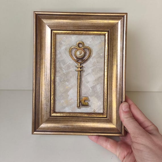 Golden Key Oil Painting with Pearl Original 6x4 Framed Symbolic Wall Art