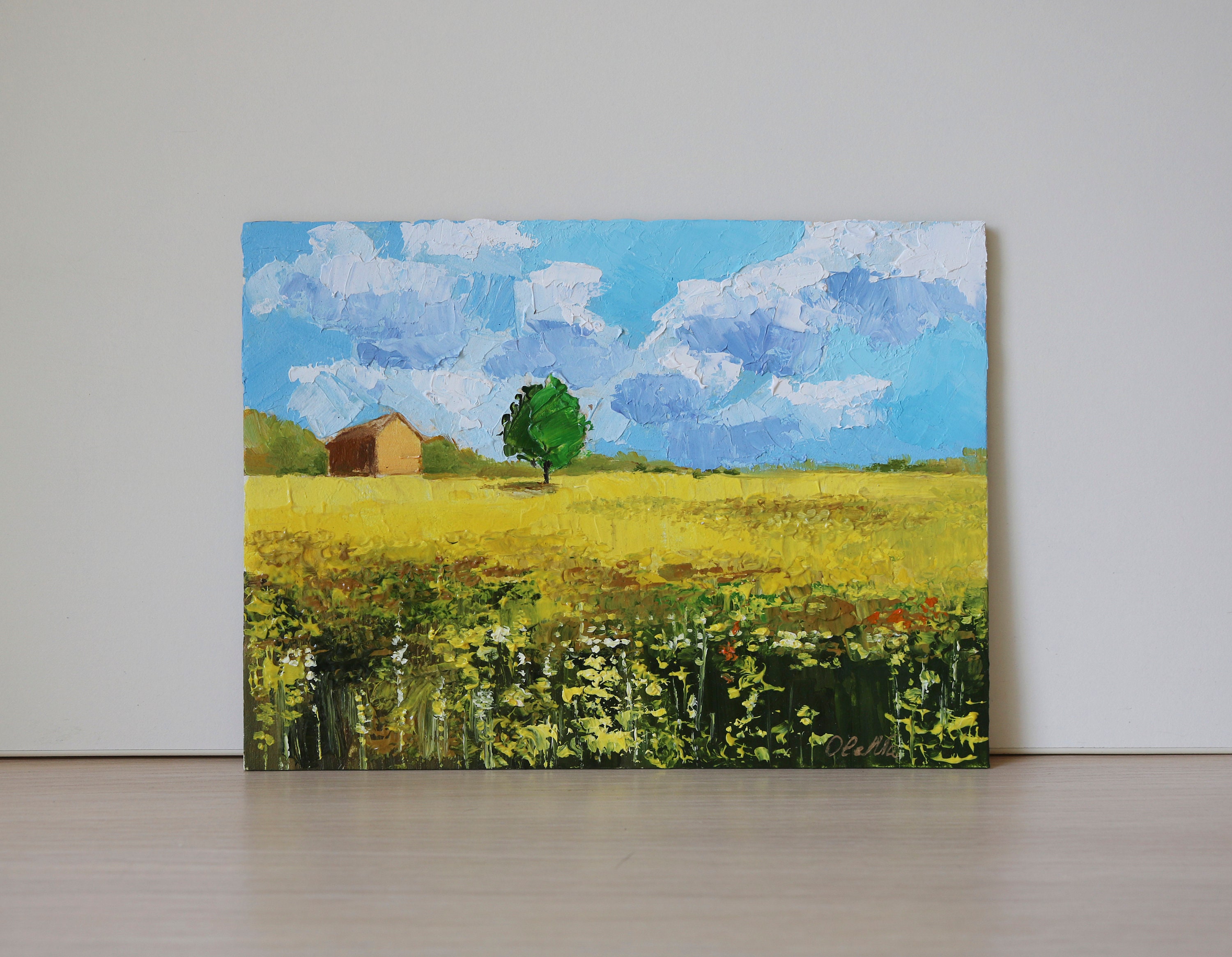 黄色い菜の花畑の油絵：素朴な農家の風景画 - Etsy 日本