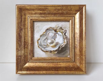 Pintura al óleo de ostra con perla, 4x4, original, mini arte costero enmarcado, pequeña obra de arte junto al mar