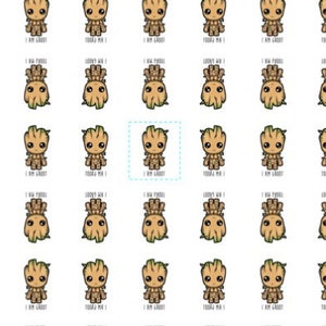 May include: A repeating pattern of a cartoon character, Groot, from the Guardians of the Galaxy movie franchise. The character is green and brown and has the text "I am Groot" written below him.
