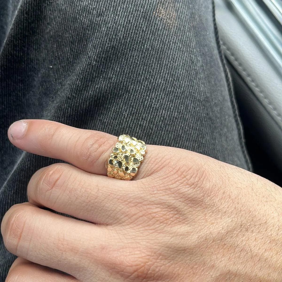 Anello in oro giallo massiccio 10k e 14k con pepita d'oro, anello a fascia quadrata vintage con taglio a diamante frantumato, regalo per uomo e donna.