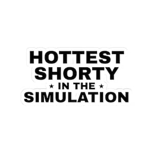 May include: A white sticker with the text "HOTTEST SHORTY IN THE SIMULATION" in bold black letters. The words are stacked, with the phrase "IN THE" between two stars.