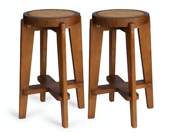 2x Tabourets de bar en bois de teck de style Chandigarh - Marron, Noir - Tabouret en rotin, Charlotte Perriand, Jeanneret, Corbusier, Capitol Handmade