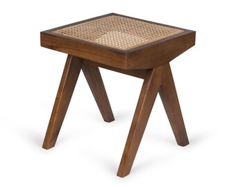 Holzbank im Chandigarh-Stil - Dunkelbraun, Schwarz, Teak - Rattanhocker, Charlotte Perriand, Jeanneret, Corbusier, Capstol Handmade