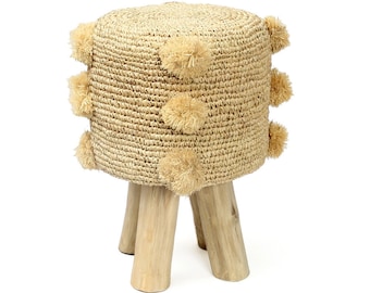 Raffia Pom Pom Stool - Lightweight, Natural Fiber Indoor/Outdoor Stool for Summer Vibes - Handcrafted Decor