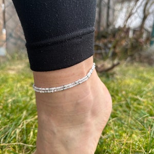 Anklet silver-white Boho style Beaded anklet with elastic band image 1