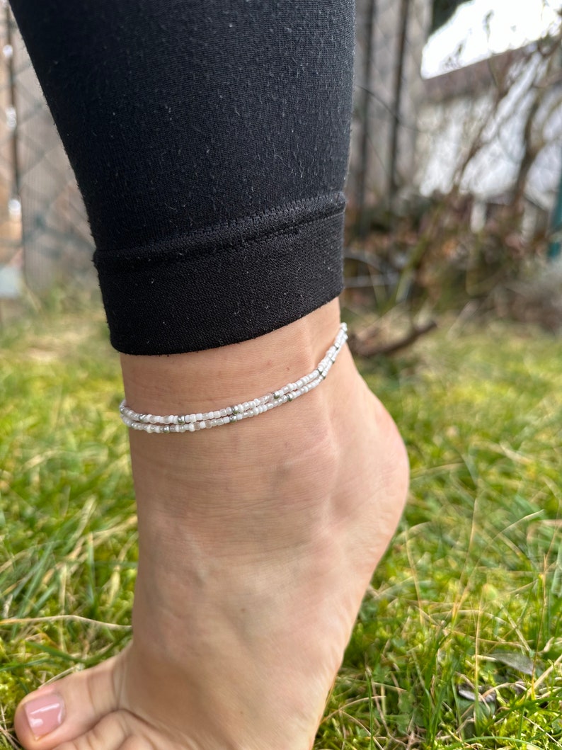 Anklet silver-white Boho style Beaded anklet with elastic band image 1